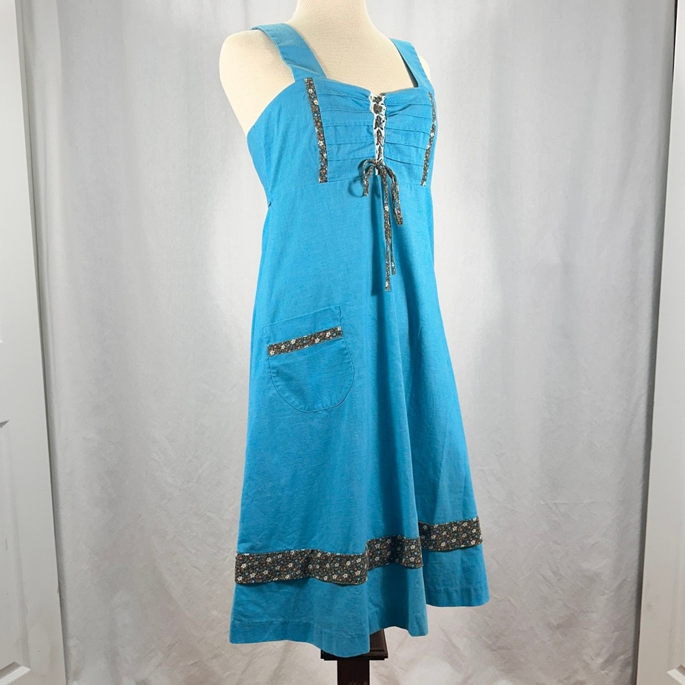 Dani Lewis Blue Vintage 70s Boho Dress Floral Trim Lace Up Adjust Straps Size 12